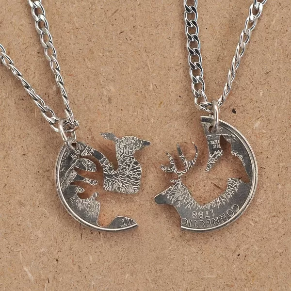 Marycrafts Buck and Doe Interlocking Necklace Set Quarter Coin Cut BBF Couples Jewelry Relationship Deer Heads14 Inches