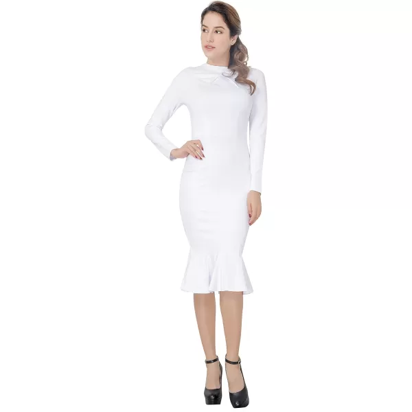 Womens Elegant Long Sleeve Party Evening Work Fishtail Midi DressOffwhite