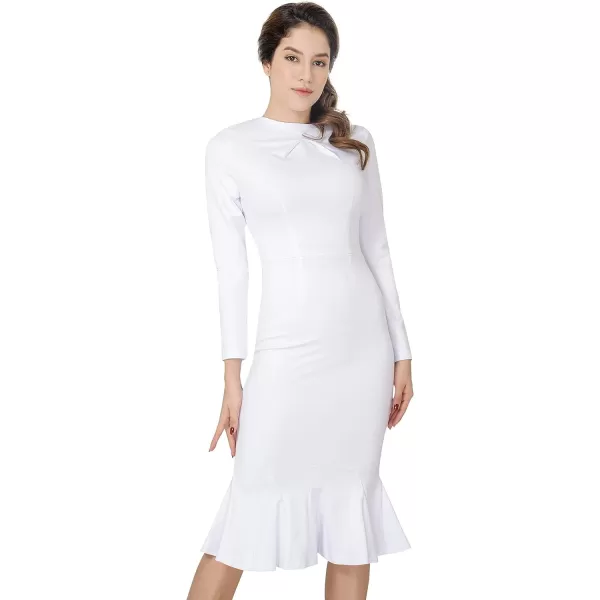 Womens Elegant Long Sleeve Party Evening Work Fishtail Midi DressOffwhite