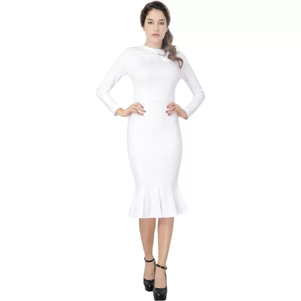 Womens Elegant Long Sleeve Party Evening Work Fishtail Midi DressOffwhite