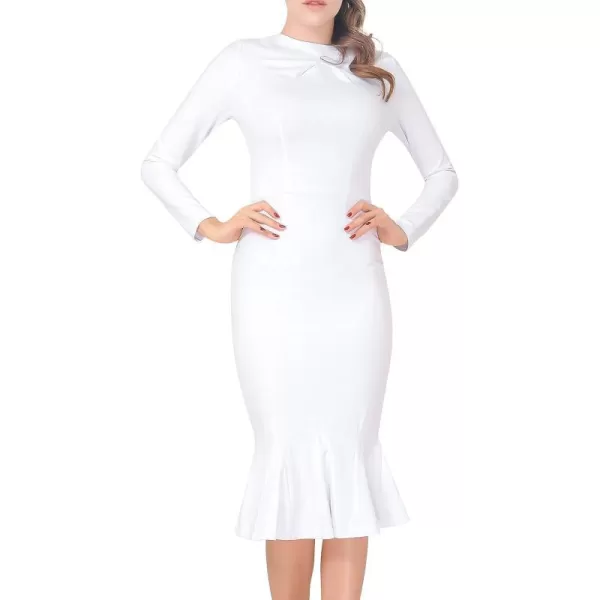 Womens Elegant Long Sleeve Party Evening Work Fishtail Midi DressOffwhite