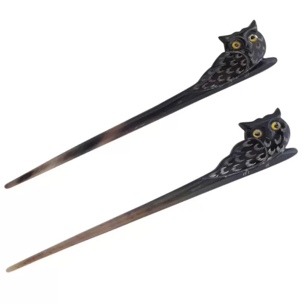 Marycrafts Owl Buffalo Horn Hair Sticks for Women Long Hair Hair Sticks for BunsSet 2Pcs Black