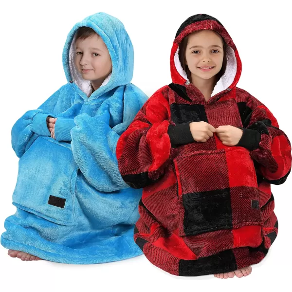 Catalonia Blanket Hoodie for Kids Oversized Wearable Sherpa Sweatshirt Pullover for Teens Youth Gift IdeaRed Plaid Kids