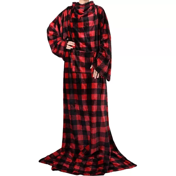 Catalonia Burrito Wearable Blanket with Sleeves and Pocket Soft Comfy Fleece Snuggy Wrap Throws Blanket Robe for Women and MenRed Black Checker