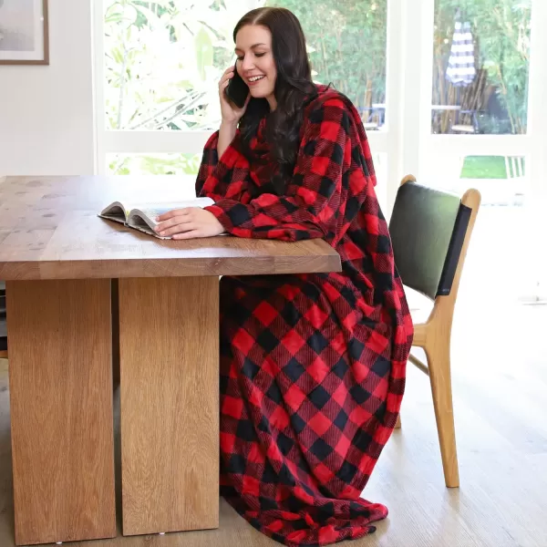 Catalonia Burrito Wearable Blanket with Sleeves and Pocket Soft Comfy Fleece Snuggy Wrap Throws Blanket Robe for Women and MenRed Black Checker