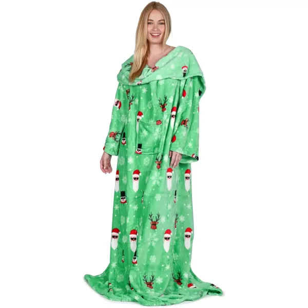 Catalonia Burrito Wearable Blanket with Sleeves and Pocket Soft Comfy Fleece Snuggy Wrap Throws Blanket Robe for Women and MenSanta and Deer Green