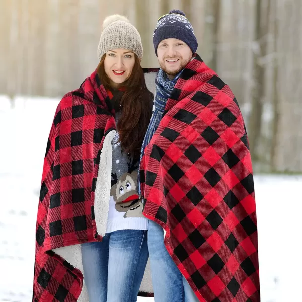 Catalonia Cow Print Sherpa Wearable Blanket Poncho for Adult Women Men Wrap Blanket Cape with Pocket Warm Soft Cozy Snuggly Comfort GiftSherpa Lining Red Checker