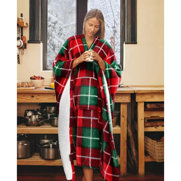 Catalonia Cow Print Sherpa Wearable Blanket Poncho for Adult Women Men Wrap Blanket Cape with Pocket Warm Soft Cozy Snuggly Comfort GiftSherpa Lining Red Plaid