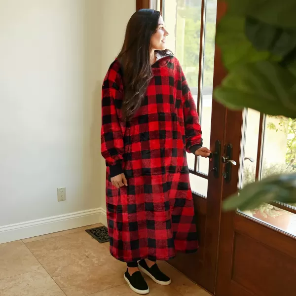 Catalonia Full Body Blanket Hoodie Sweatshirt Extra Long Lounging PulloverRed Checkeredextra Long