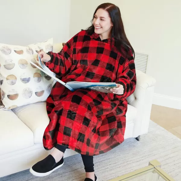 Catalonia Full Body Blanket Hoodie Sweatshirt Extra Long Lounging PulloverRed Checkeredextra Long