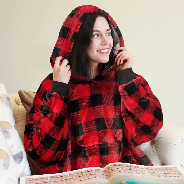 Catalonia Full Body Blanket Hoodie Sweatshirt Extra Long Lounging PulloverRed Checkeredextra Long