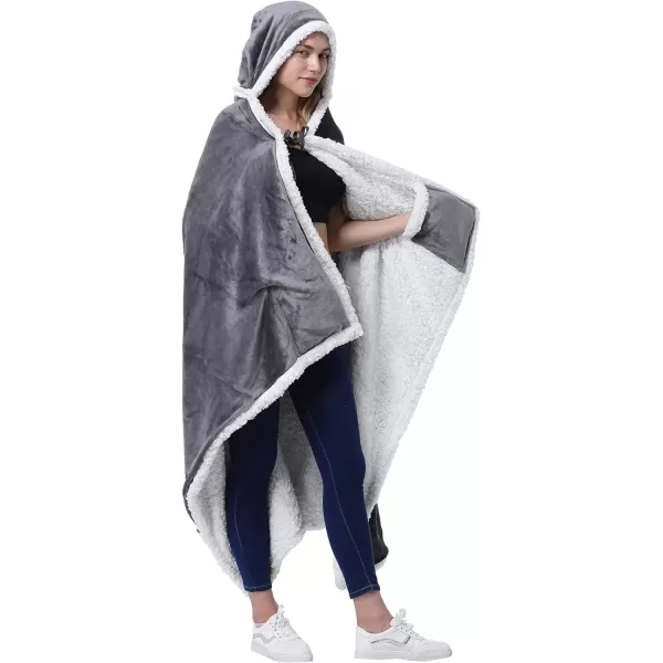 Catalonia Hooded Blanket Poncho  Wearable Blanket Wrap with Hand Pockets  Comfy Sherpa Fleece Throw Cape for Children and Adults Women GiftHooded Blanket Grey