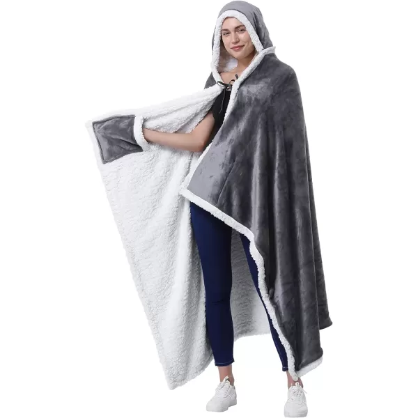 Catalonia Hooded Blanket Poncho  Wearable Blanket Wrap with Hand Pockets  Comfy Sherpa Fleece Throw Cape for Children and Adults Women GiftHooded Blanket Grey