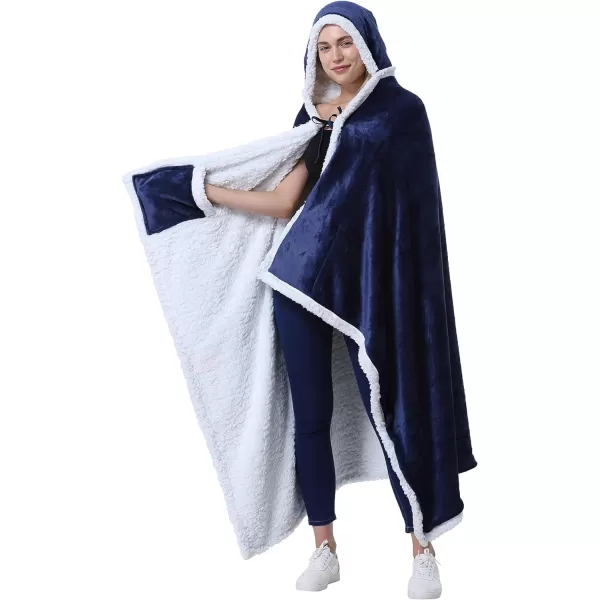 Catalonia Hooded Blanket Poncho  Wearable Blanket Wrap with Hand Pockets  Comfy Sherpa Fleece Throw Cape for Children and Adults Women GiftHooded Blanket Navy