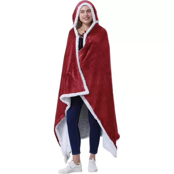 Catalonia Hooded Blanket Poncho  Wearable Blanket Wrap with Hand Pockets  Comfy Sherpa Fleece Throw Cape for Children and Adults Women GiftHooded Blanket Wine