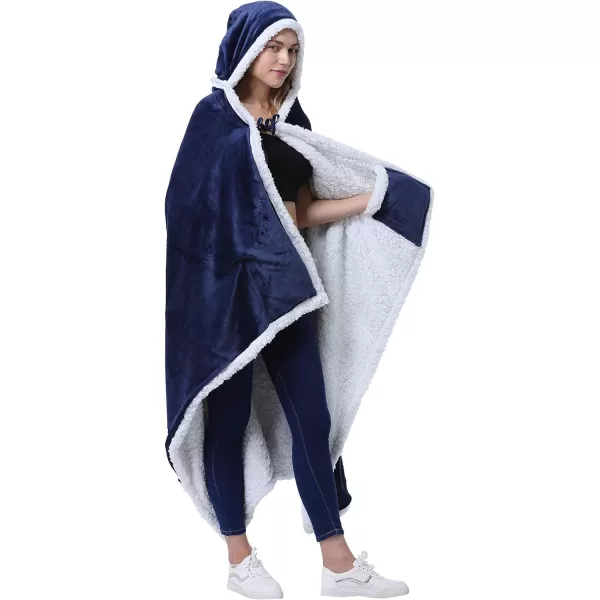 Catalonia Hooded Blanket Poncho  Wearable Blanket Wrap with Hand Pockets  Comfy Sherpa Fleece Throw Cape for Children and Adults Women GiftHooded Blanket Navy