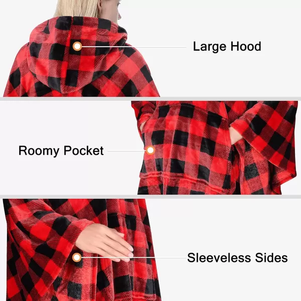 Catalonia Hooded Wearable Blanket Poncho for Adult Women Men Fleece Wrap Blanket Cape with Hood  Warm Soft Cozy Snuggly  Comfort Gift No SleevesFleece Hooded Red Checker