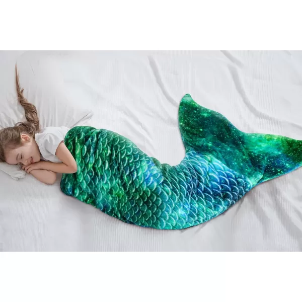 Catalonia Kids Mermaid Tail Blanket Super Soft Plush Flannel Sleeping Snuggle Blanket for Girls Rainbow Tiedye Fish Scale Pattern Gift IdeaAurora Green