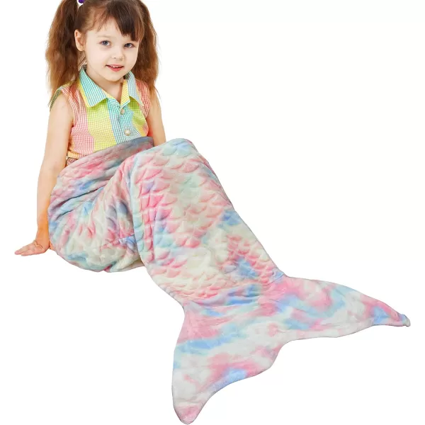 Catalonia Kids Mermaid Tail Blanket Super Soft Plush Flannel Sleeping Snuggle Blanket for Girls Rainbow Tiedye Fish Scale Pattern Gift IdeaCandy