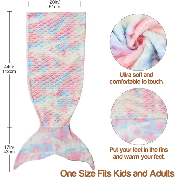 Catalonia Kids Mermaid Tail Blanket Super Soft Plush Flannel Sleeping Snuggle Blanket for Girls Rainbow Tiedye Fish Scale Pattern Gift IdeaCandy