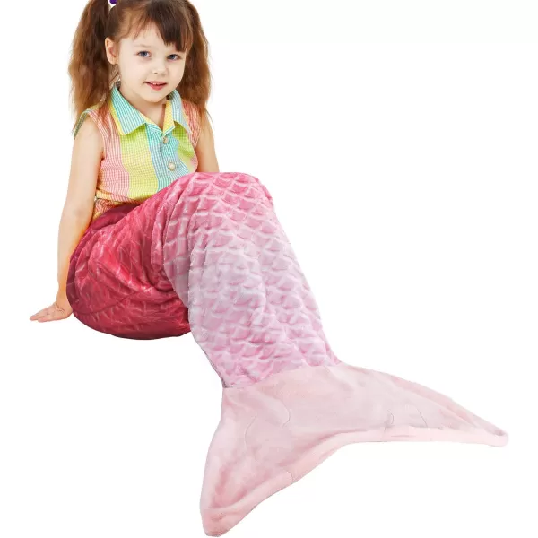 Catalonia Kids Mermaid Tail Blanket Super Soft Plush Flannel Sleeping Snuggle Blanket for Girls Rainbow Tiedye Fish Scale Pattern Gift IdeaPink Ombre