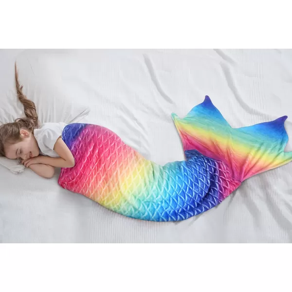 Catalonia Kids Mermaid Tail Blanket Super Soft Plush Flannel Sleeping Snuggle Blanket for Girls Rainbow Tiedye Fish Scale Pattern Gift IdeaRainbow