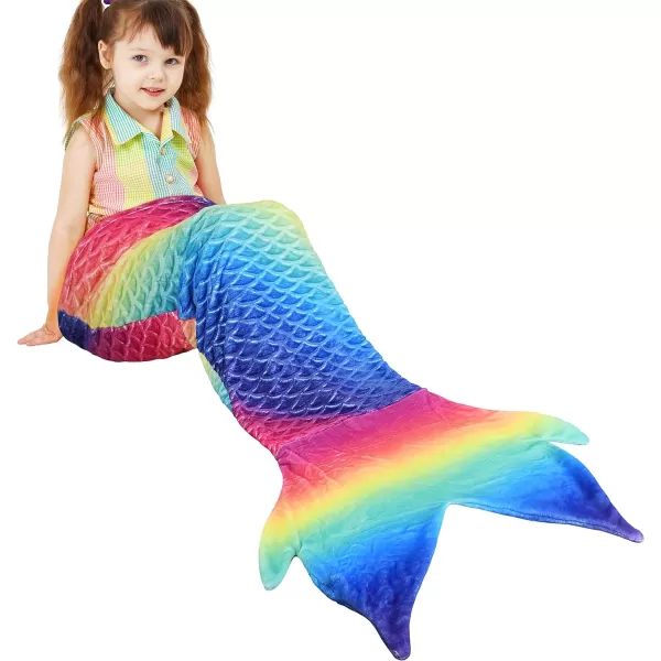 Catalonia Kids Mermaid Tail Blanket Super Soft Plush Flannel Sleeping Snuggle Blanket for Girls Rainbow Tiedye Fish Scale Pattern Gift IdeaRainbow