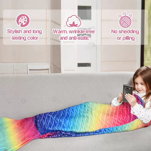 Catalonia Kids Mermaid Tail Blanket Super Soft Plush Flannel Sleeping Snuggle Blanket for Girls Rainbow Tiedye Fish Scale Pattern Gift IdeaRainbow