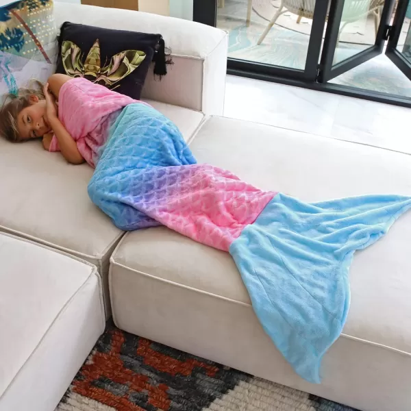 Catalonia Kids Mermaid Tail Blanket Super Soft Plush Flannel Sleeping Snuggle Blanket for Girls Rainbow Tiedye Fish Scale Pattern Gift IdeaRainbow Ombre