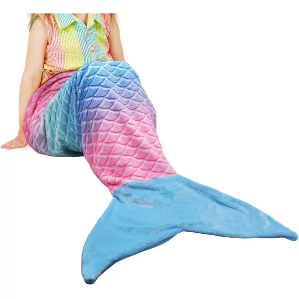 Catalonia Kids Mermaid Tail Blanket Super Soft Plush Flannel Sleeping Snuggle Blanket for Girls Rainbow Tiedye Fish Scale Pattern Gift IdeaRainbow Ombre