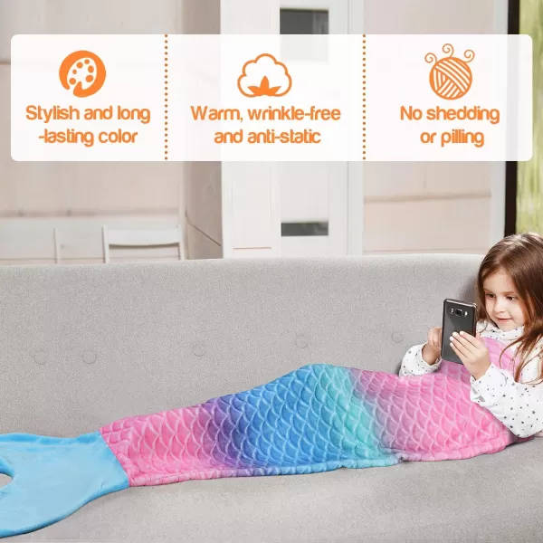 Catalonia Kids Mermaid Tail Blanket Super Soft Plush Flannel Sleeping Snuggle Blanket for Girls Rainbow Tiedye Fish Scale Pattern Gift IdeaRainbow Ombre