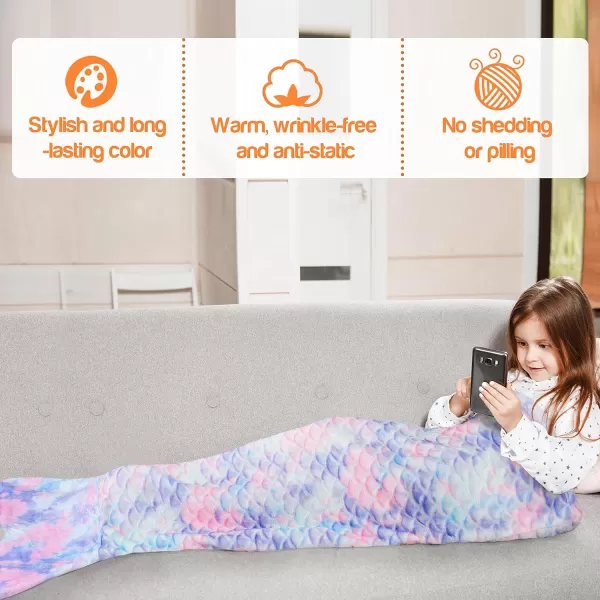 Catalonia Kids Mermaid Tail Blanket Super Soft Plush Flannel Sleeping Snuggle Blanket for Girls Rainbow Tiedye Fish Scale Pattern Gift IdeaTiedye