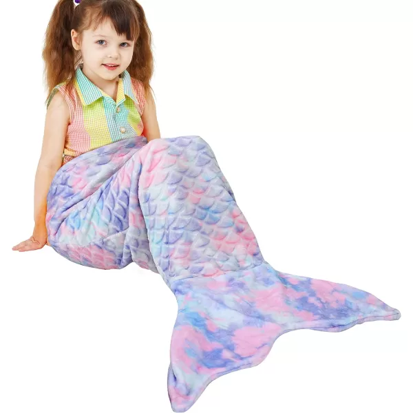 Catalonia Kids Mermaid Tail Blanket Super Soft Plush Flannel Sleeping Snuggle Blanket for Girls Rainbow Tiedye Fish Scale Pattern Gift IdeaTiedye