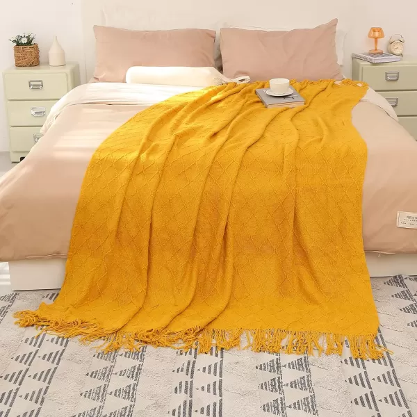 Catalonia Knitted Throw for Couch Decorative Blanket with Fringe Acrylic Leisure Blanket for Bed Sofa Living Room  All Seasons LightweighAcrylic Throw 6080 Inch Yellow