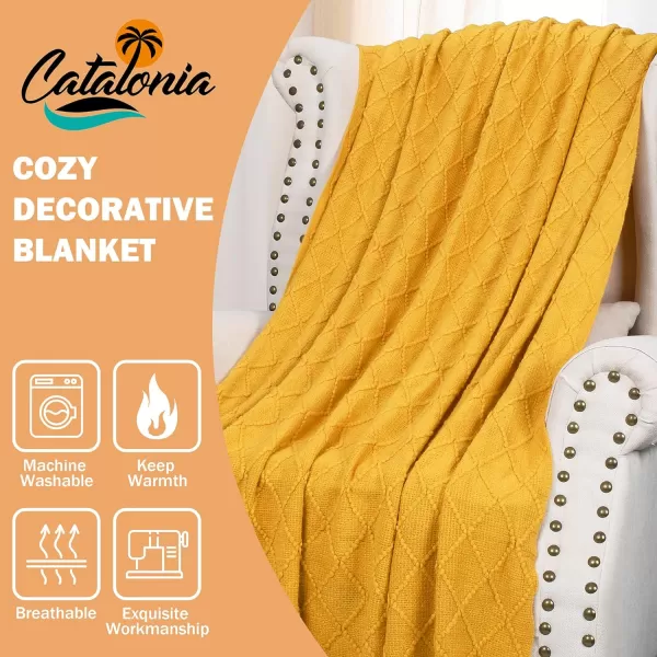 Catalonia Knitted Throw for Couch Decorative Blanket with Fringe Acrylic Leisure Blanket for Bed Sofa Living Room  All Seasons LightweighAcrylic Throw 50x60 Inch Yellow