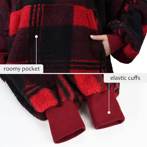 Catalonia Oversized Blanket Hoodie Sweatshirt Wearable Sherpa Lounging Pullover for Adults Women MenBufflo Plaid Red