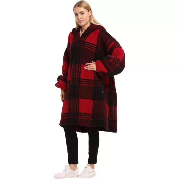 Catalonia Oversized Blanket Hoodie Sweatshirt Wearable Sherpa Lounging Pullover for Adults Women MenBufflo Plaid Red