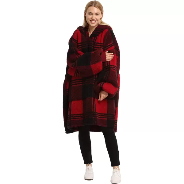 Catalonia Oversized Blanket Hoodie Sweatshirt Wearable Sherpa Lounging Pullover for Adults Women MenBufflo Plaid Red