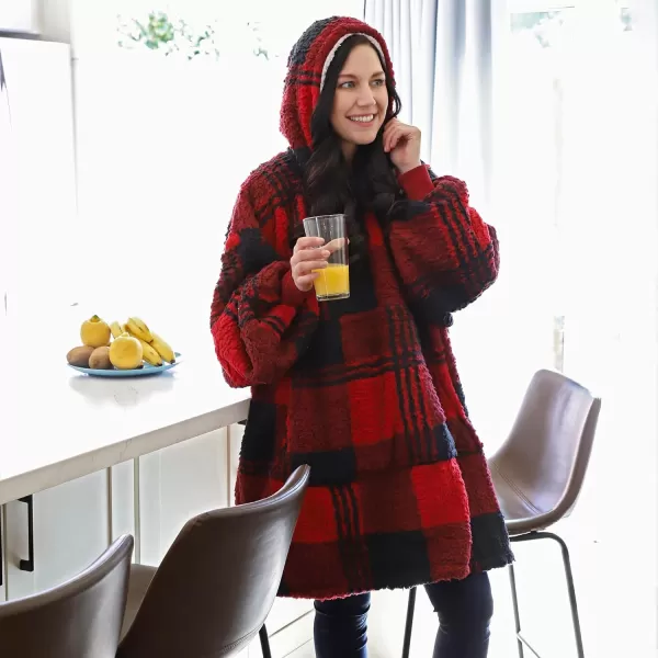 Catalonia Oversized Blanket Hoodie Sweatshirt Wearable Sherpa Lounging Pullover for Adults Women MenBufflo Plaid Red