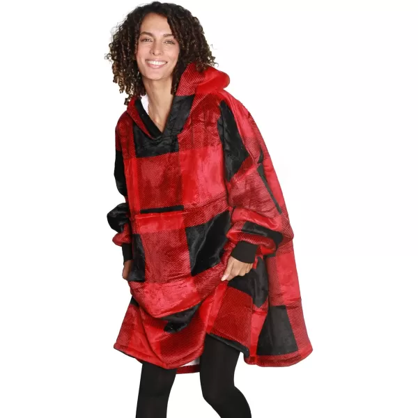 Catalonia Oversized Blanket Hoodie Sweatshirt Wearable Sherpa Lounging Pullover for Adults Women MenRed Plaid