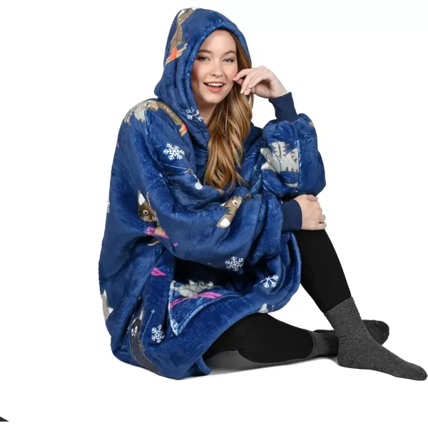 Catalonia Oversized Blanket Hoodie Sweatshirt Wearable Sherpa Lounging Pullover for Adults Women MenSki Cat Blue