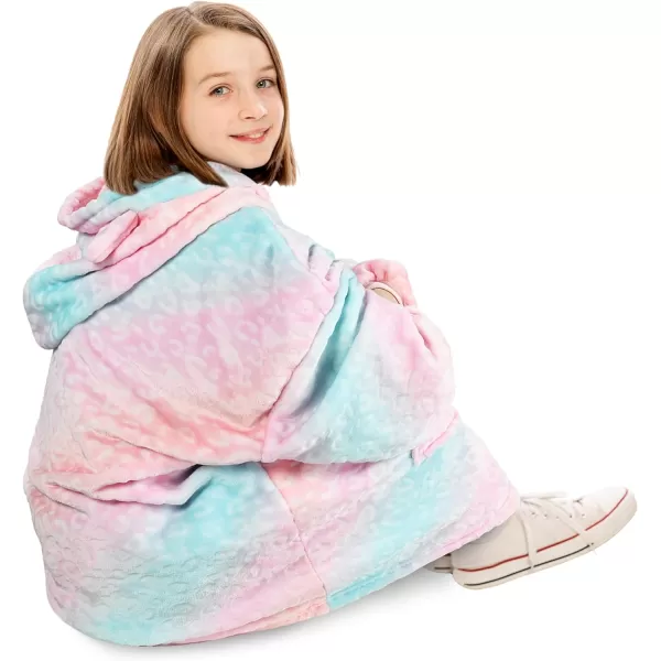 Catalonia Oversized Blanket Hoodie Sweatshirt for Kids Wearable Fleece Pullover with Large Front Pocket Teen Boys GirlsRainbow Cat