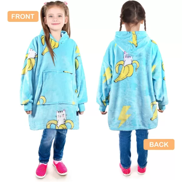 Catalonia Oversized Blanket Hoodie for Kids Wearable Fleece Sweatshirt Pullover with Large Front Pocket 412 Years Boy GirlBanana Cat Blue