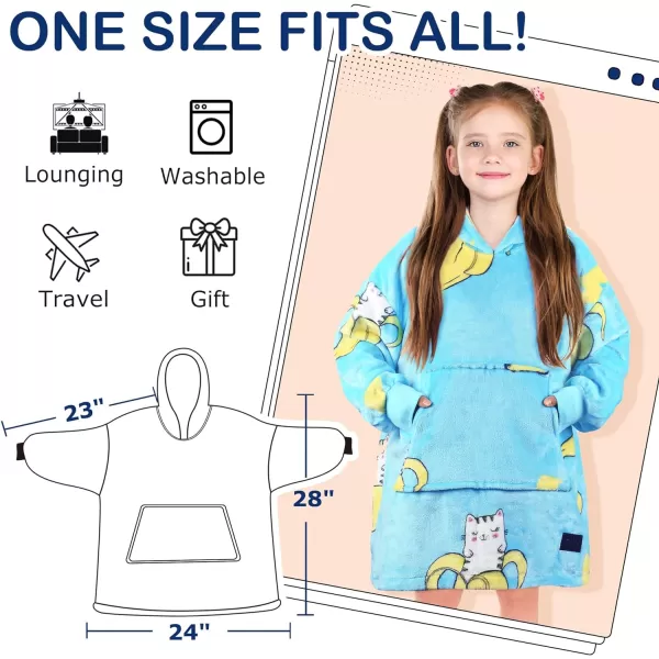 Catalonia Oversized Blanket Hoodie for Kids Wearable Fleece Sweatshirt Pullover with Large Front Pocket 412 Years Boy GirlBanana Cat Blue