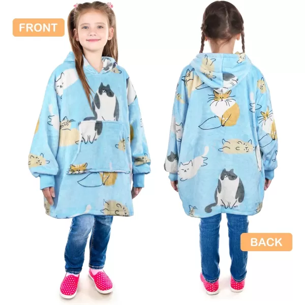 Catalonia Oversized Blanket Hoodie for Kids Wearable Fleece Sweatshirt Pullover with Large Front Pocket 412 Years Boy GirlCat Blue