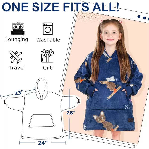 Catalonia Oversized Blanket Hoodie for Kids Wearable Fleece Sweatshirt Pullover with Large Front Pocket 412 Years Boy GirlSki Cat Blue