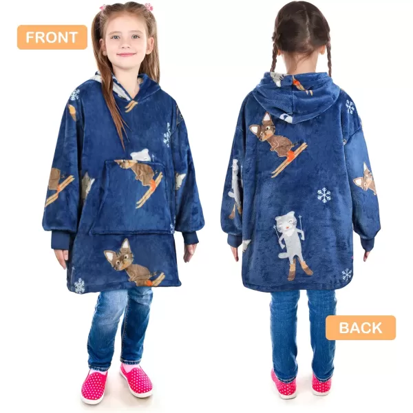 Catalonia Oversized Blanket Hoodie for Kids Wearable Fleece Sweatshirt Pullover with Large Front Pocket 412 Years Boy GirlSki Cat Blue