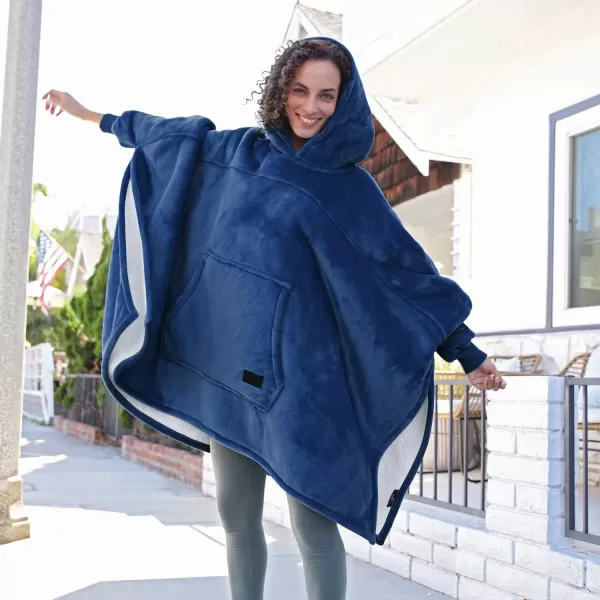 Catalonia Oversized Hoodie Sweatshirt Poncho Casual Hoodie Cape Batwing Coat Pullover Blanket  Fluffy Sherpa Comfortable Roomy  for Adults Women MenOne Size Navy