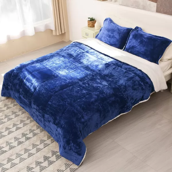 Catalonia Queen Size Sherpa Comforter Set UltraSoft Reversible Fluffy Micromink Bedding Set3 Pieces 1 Comforter and 2 Pillow ShamsKing Blue