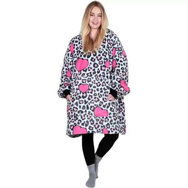 Catalonia Ribbit Deer Print Oversized Hoodie Blanket Sweatshirt Wearable Sherpa Giant Pullover for Adults Men Women Teenagers Wife Girlfriend GiftOne Size Leopard Heart White